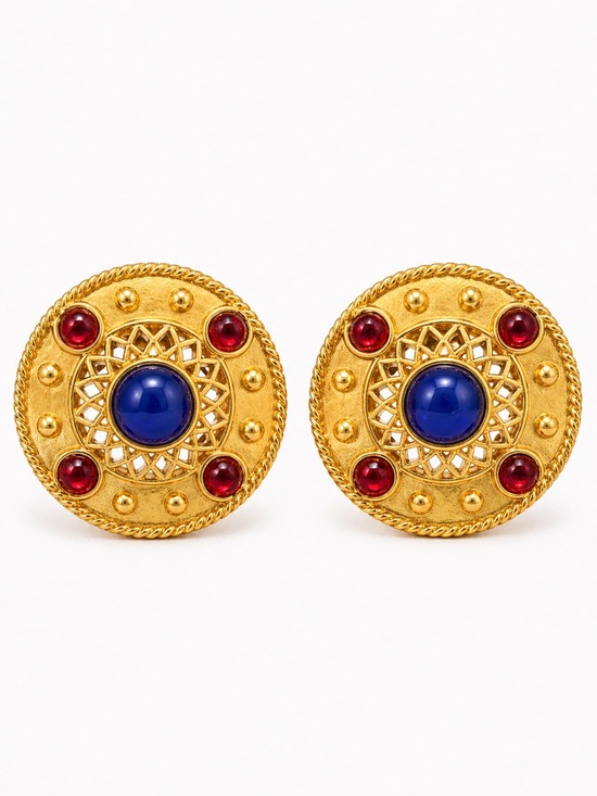 Jewelry - Vintage Style Gold Tone Statement Earrings Red Blue Cabochon Medallion Stud